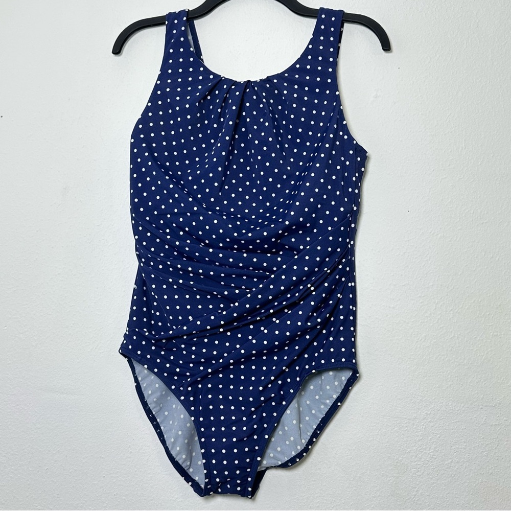 NWT Miraclesuit & Talbots Navy and White Polka Dot One Piece Swimsuit With Wire - Picture 2 of 13